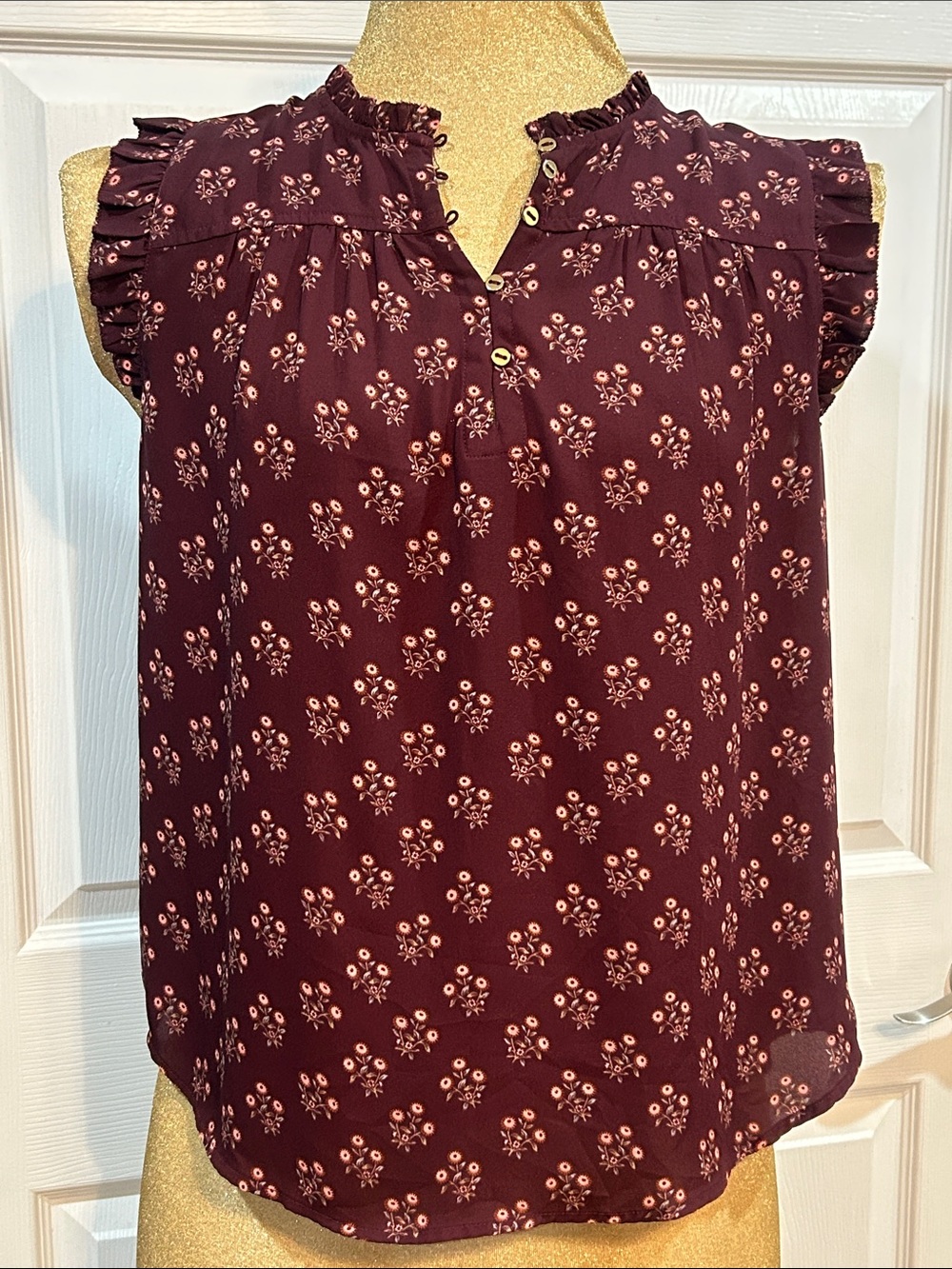 LOFT petites Burgundy Floral Ruffle-Trim Sleeveless Camisole